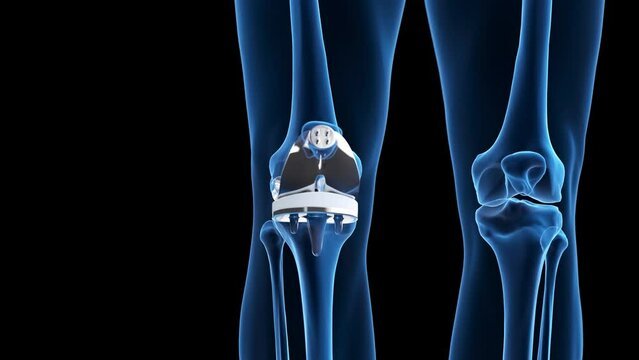 Medical illustration showing a knee replacement implant inside the knee joint