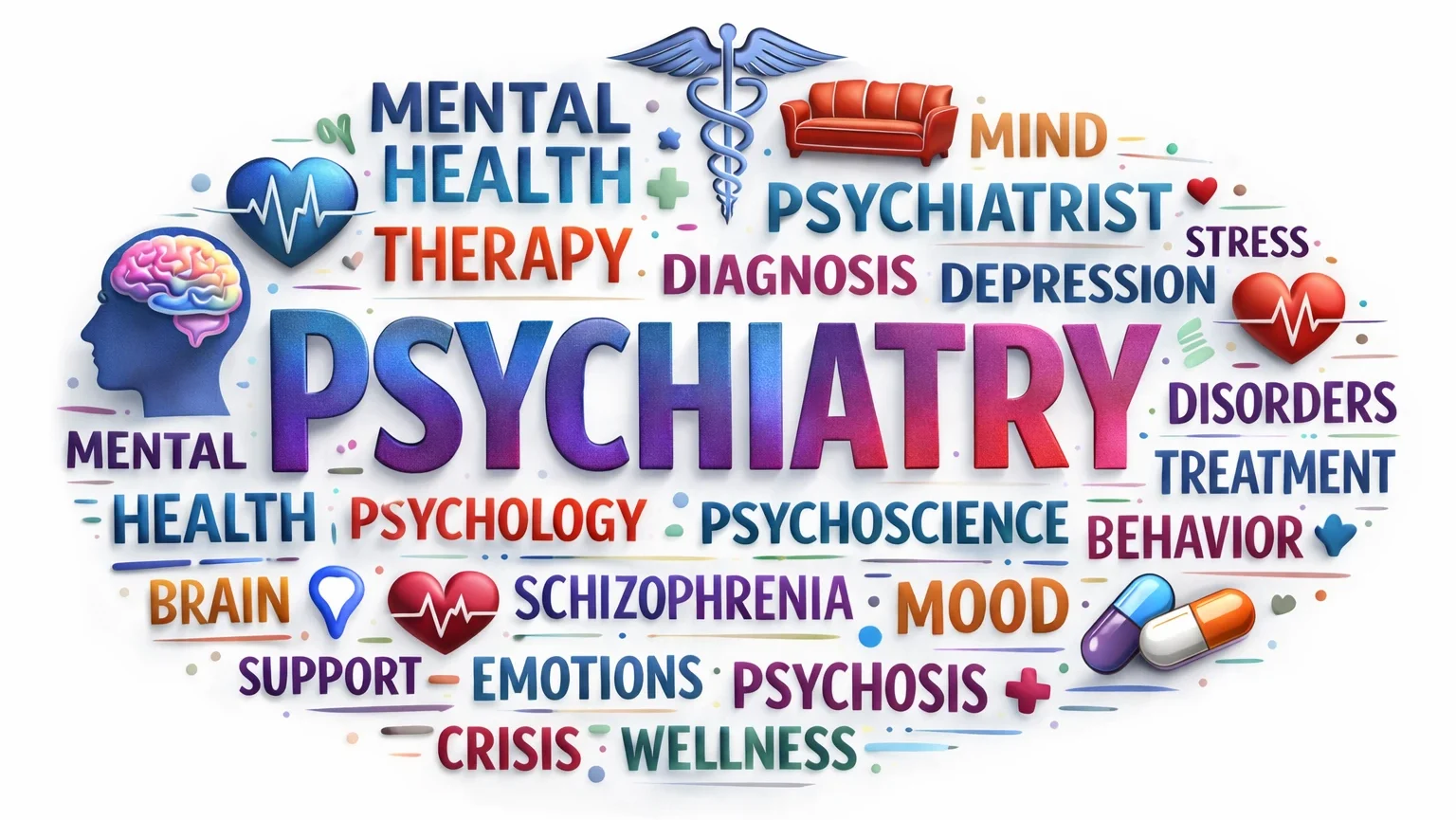 Colorful psychiatry and mental health word cloud featuring terms related to therapy, stress, depression, and psychological wellness