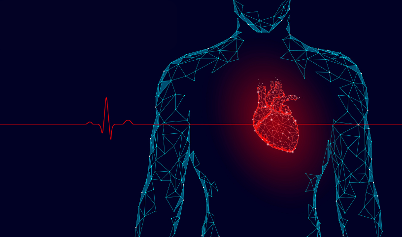 Digital illustration of a glowing human heart inside a human body outline with heartbeat monitoring line.