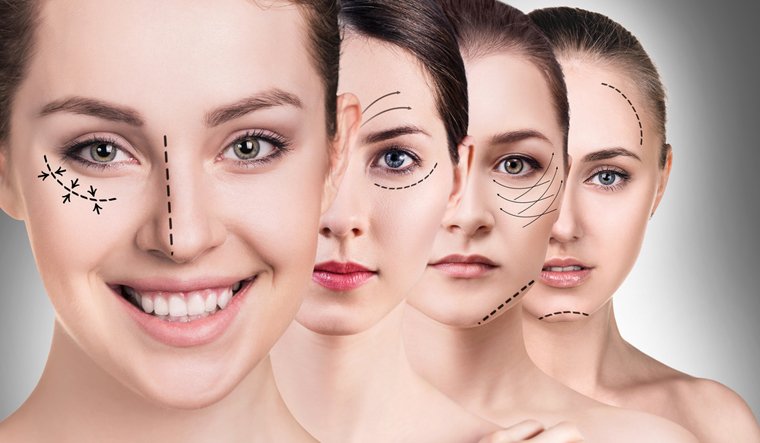 Women showing facial markings for cosmetic and plastic surgery procedures on different areas of the face.