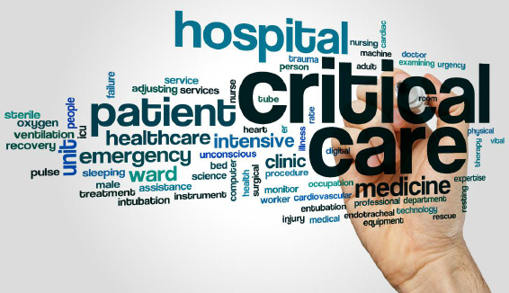 Word cloud illustration highlighting critical care, intensive care, emergency medicine, and hospital patient care services.