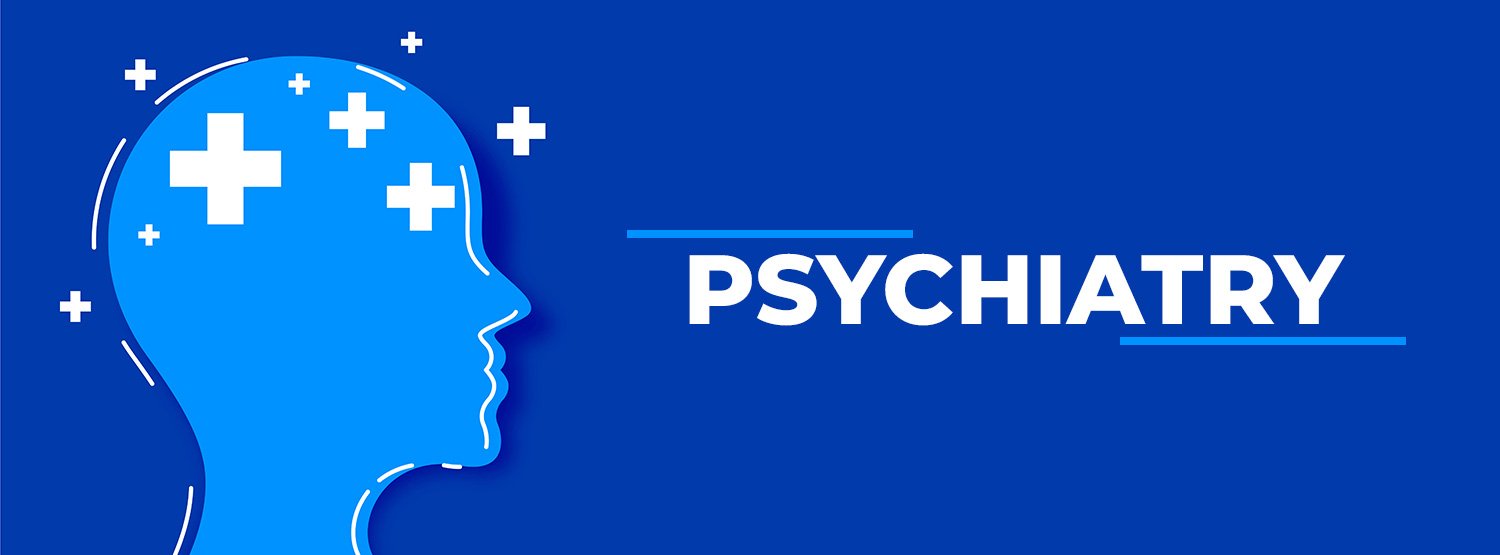 Illustration representing psychiatry and mental healthcare with a human head silhouette and medical cross symbols.
