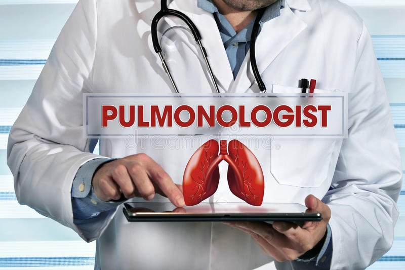 Pulmonologist holding a digital tablet displaying lung anatomy and respiratory care information.