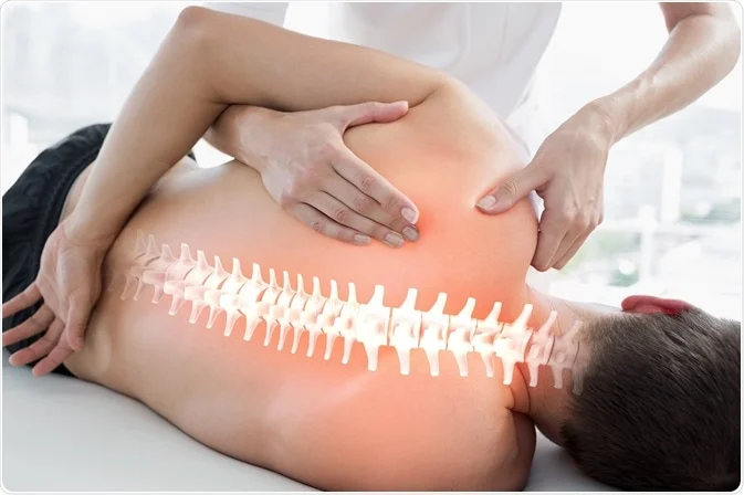 Physiotherapist performing spinal and shoulder therapy on a patient with highlighted spine alignment illustration.